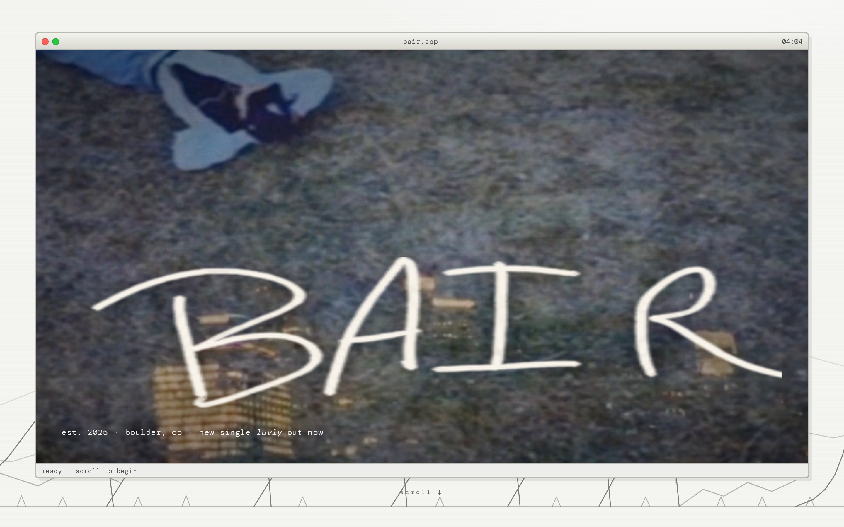 BAIR (bair.my), an artist site with brutalist BAIR wordmark, sky-photo backdrop, and macOS-style window framing, by ATT Agency.